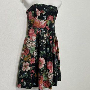 Zara Basic Women's Size Small Blue Floral Strapless Knee Length Pleated Dress